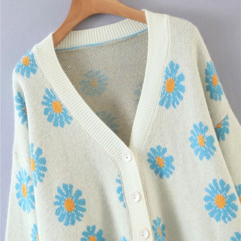 Áo Khoác Len Cardigan Nữ Tay Dài Cổ Chữ V In Hoa Thời Trang