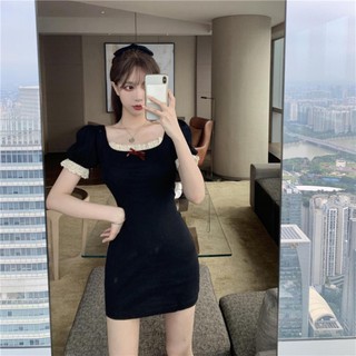 Đầm Cổ Vuông Phối Ren Đính Nơ Kiểu Pháp Thời Trang 2020