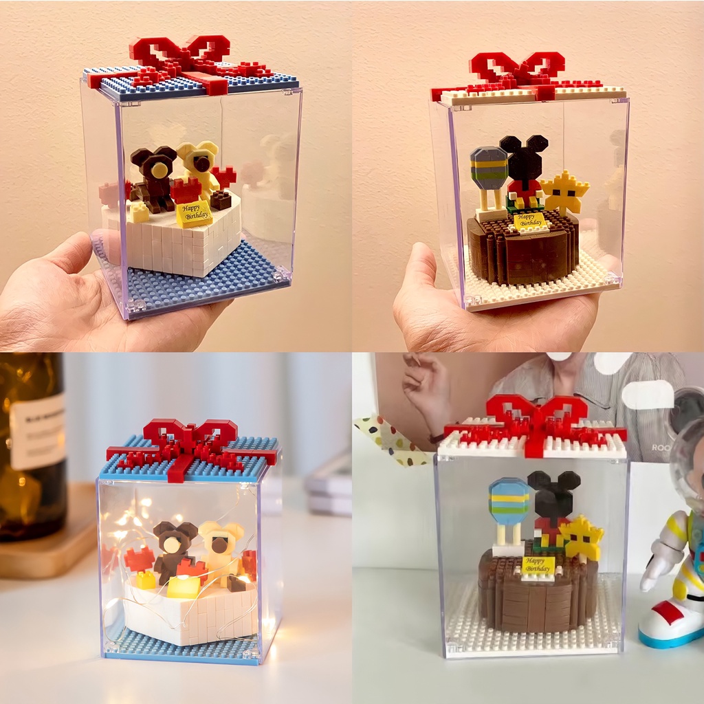 Bộ Xếp Hình Lego Bánh Sinh Nhật Hộp Quà Tặng Vịt Donal, Thỏ Stella, Chuột Mickey Có Đèn Trang Trí 3D Dễ Thương