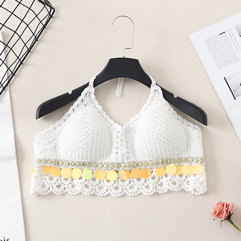 Brroa Áo Bikini Dạng Croptop Cổ Chữ V Hở Lưng Móc Tua Rua Đính Kim Sa Tròn Quyến Rũ Cho Nữ Đi Biển