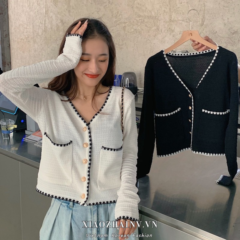 Xiaozhainv Áo khoác cardigan dáng ngắn cổ V tay dài thời trang cho nữ