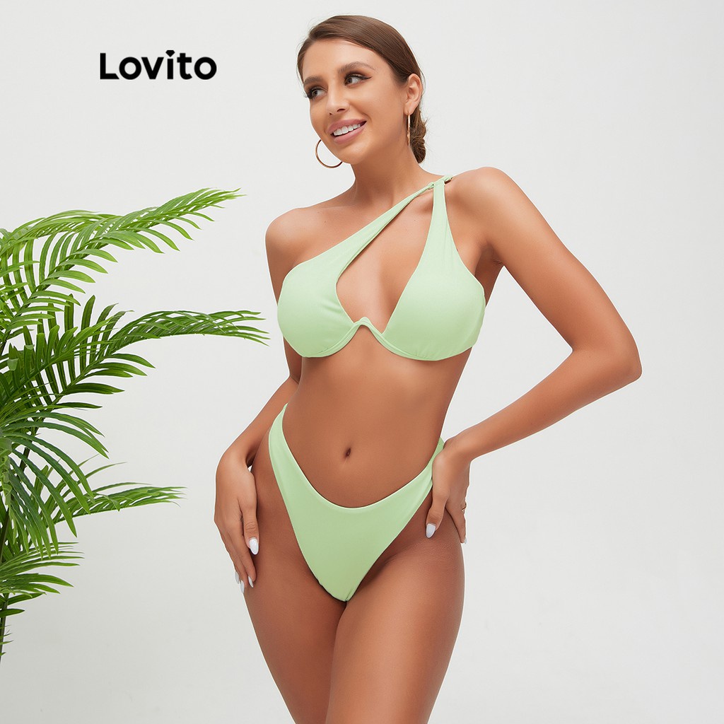 Bikini đi biển Lovito sọc gân có khoen tròn màu trơn phong cách Boho L15X061 (màu xanh lục nhạt)