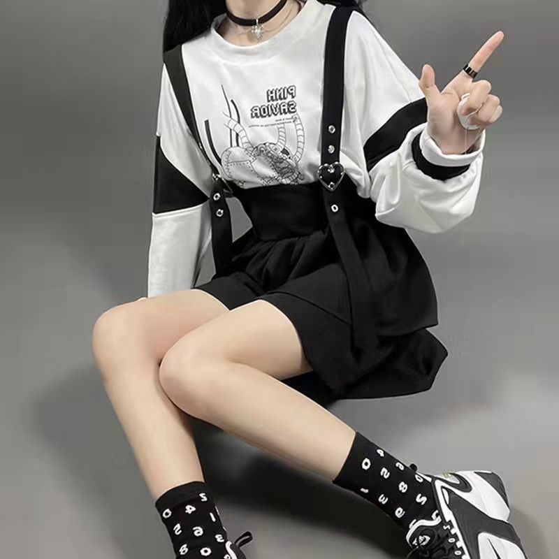 Bộ Áo sweater Màu Hồng Trắng In Hình Trái Tim Cô Gái anime Thiết Kế Đặc Biệt Kèm Váy Dây Đeo Mới Mùa Xuân