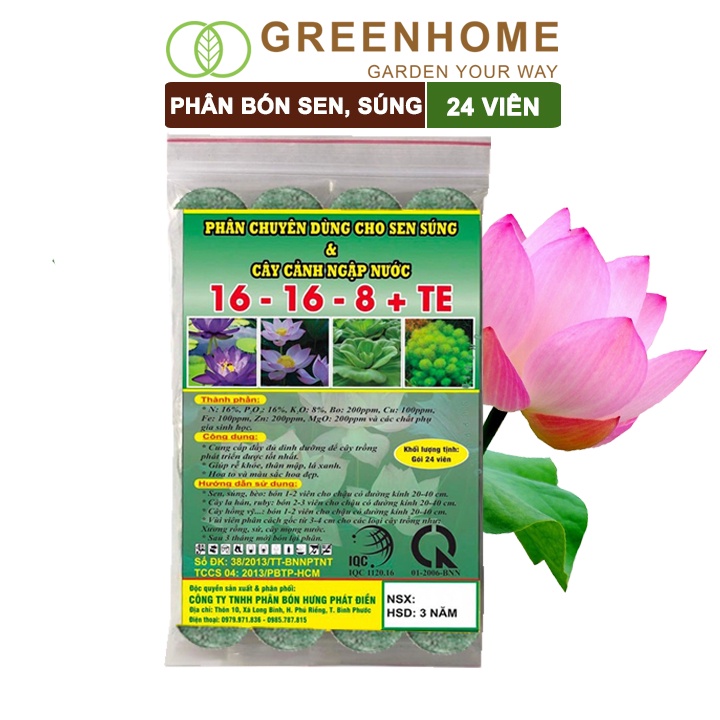 Phân bón hoa Sen, vỉ 24 viên, cây thuỷ sinh, ngập nước, cho hoa to, hoa đậm màu, lâu tàn, tốt lá |Greenhome