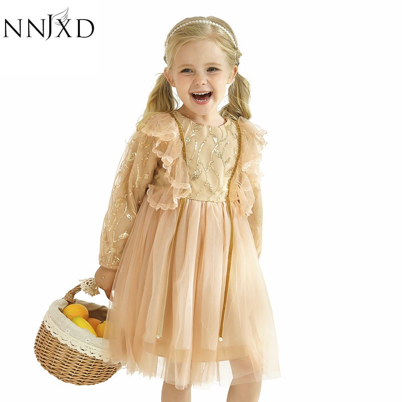 Đầm NNJXD thời trang phối ren họa tiết thêu phong cách mùa đông đáng yêu dành cho bé gái