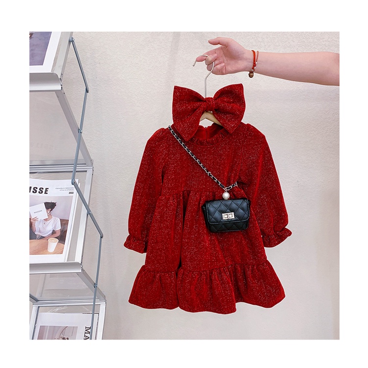 Váy bé gái dài tay, đầm cho bé gái, chất liệu nhung nót lông mịn