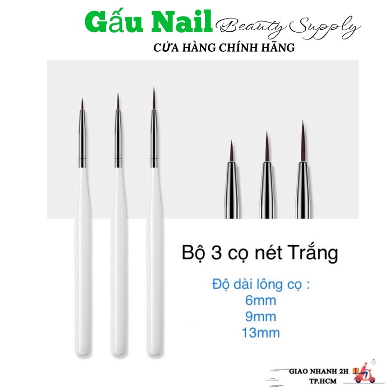 Combo 3 cọ nét -Cọ bộ trắng lùn -trang trí móng nail - Gồm 3 cọ Trắng, chiều dài lông cọ : 6mm, 9mm và 13mm