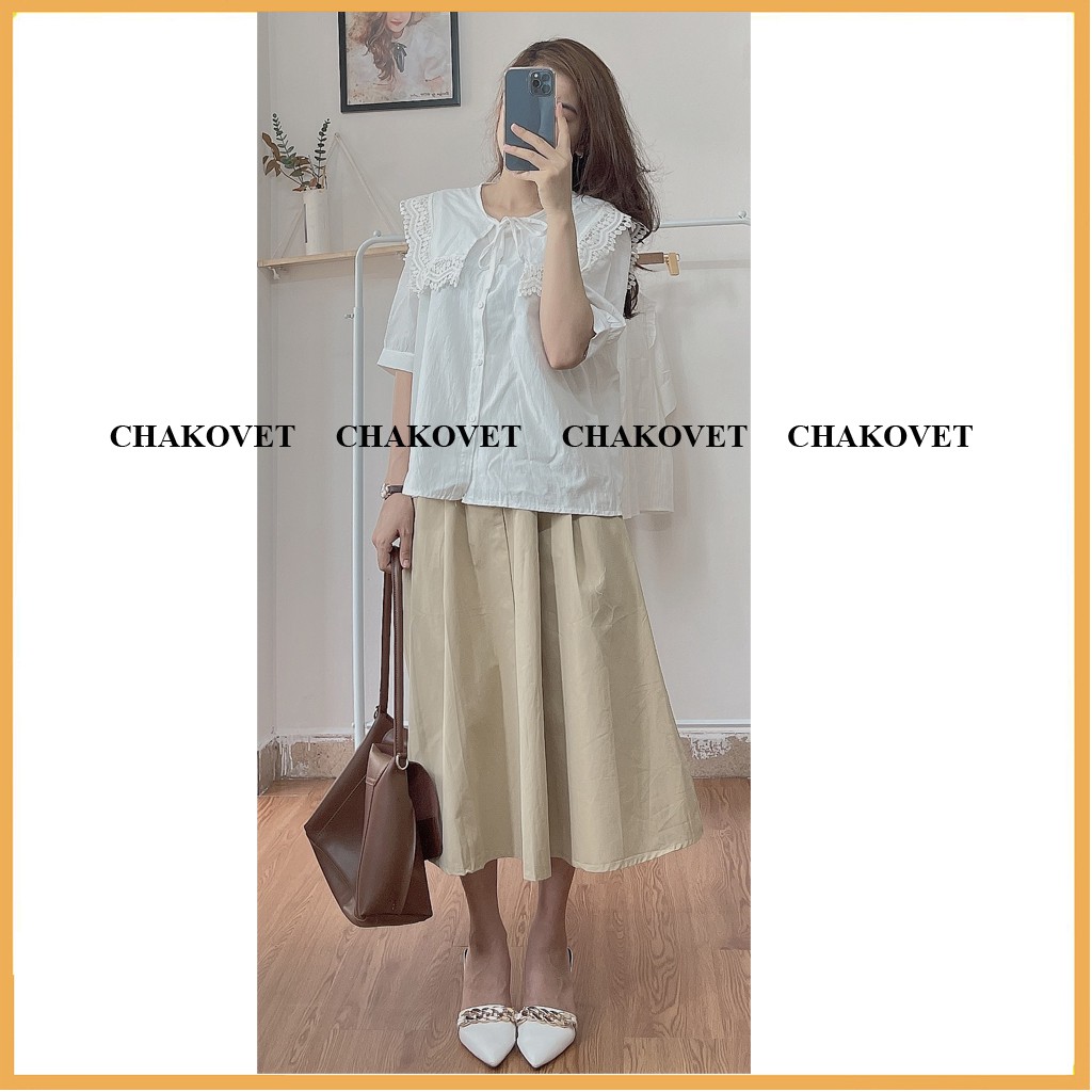 Áo kiểu nữ cổ tròn thắt nơ dây màu trắng cka833, kiểu áo sơ mi cổ bèo viền ren đẹp cá tính sành điệu freesize<55kg | BigBuy360 - bigbuy360.vn