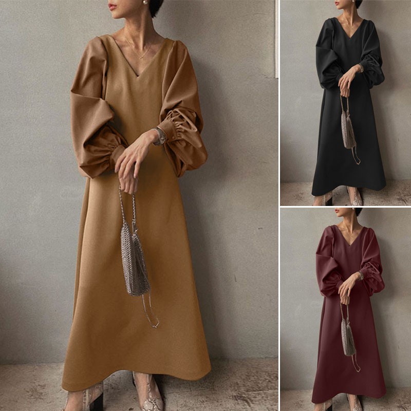 ZANZEA Đầm Maxi ZANZEA Cổ Chữ V Tay Phồng Màu Trơn Nữ Tính DỄ Thương | BigBuy360 - bigbuy360.vn