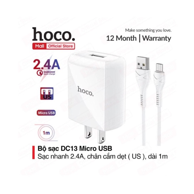 Bộ sạc Hoco DC13 Micro USB, sạc nhanh 2.4A, tương thích với nhiều dòng Xiaomi/Samsung/Oppo...,chân cắm dẹt tiêu chuẩn US