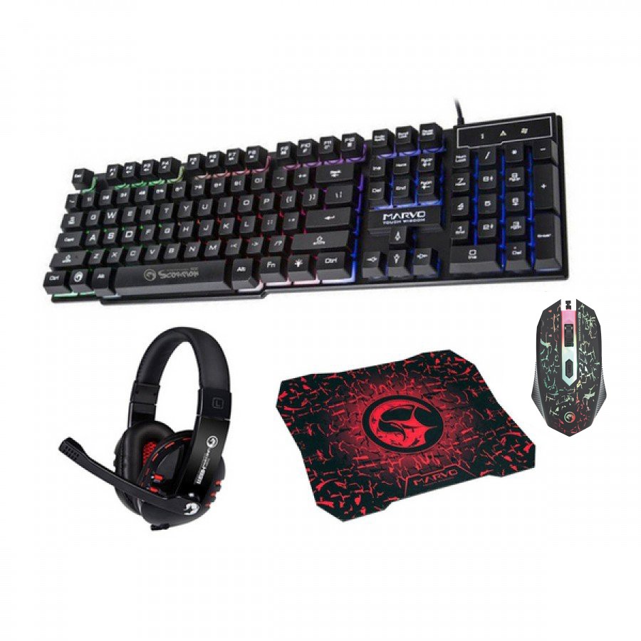 Bộ combo phím/chuột/tai nghe/lót chuột marvo CM370 gaming - chơi game siêu ngầu (Đen)