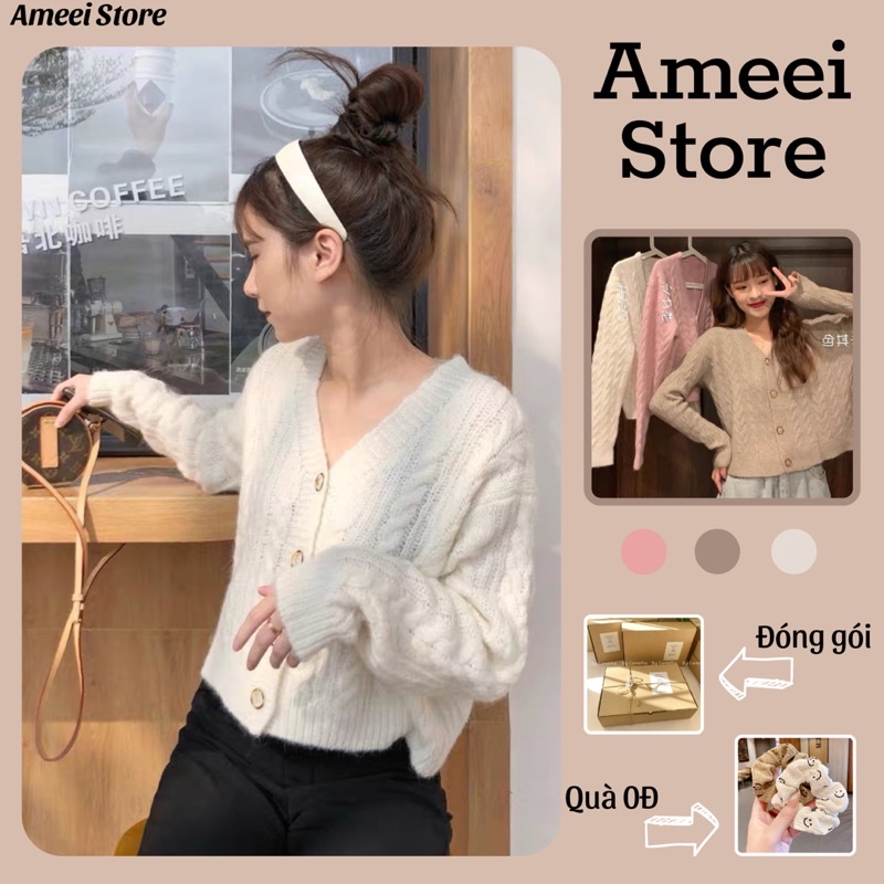 Áo cardigan len crotop Basic phối cúc áo khoác len mịn lông thỏ 3 màu phong cách hàn quốc