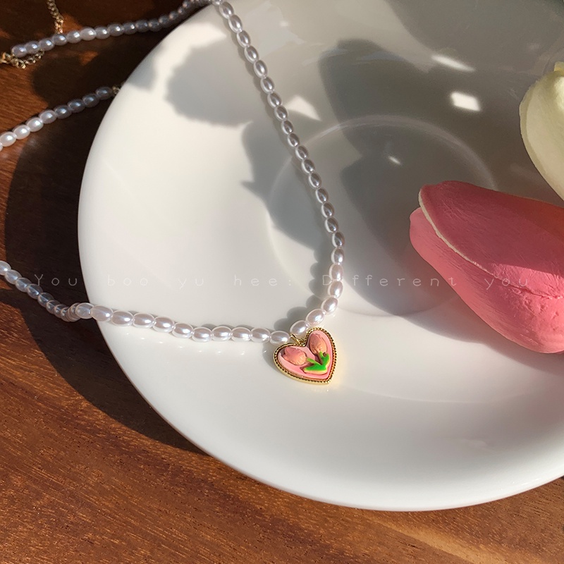 Vòng cổ Mặt Hoa Tulip Hồng Đính Ngọc Trai Thanh Lịch