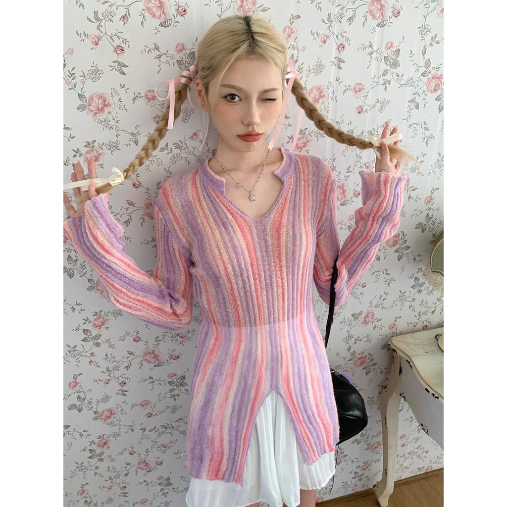 Áo Dệt Kim Chống Nắng Màu Gradient Họa Tiết Kẻ Sọc Dành Cho Nữ 61446