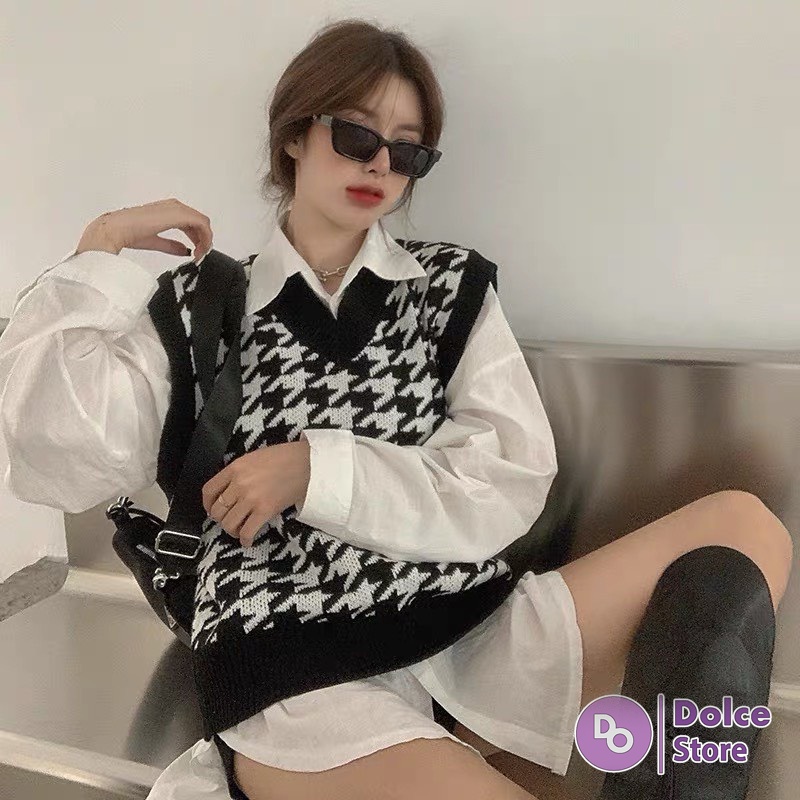 Áo gile nữ len cổ V không tay màu sắc vintage phong cách Hàn Quốc - Dolce