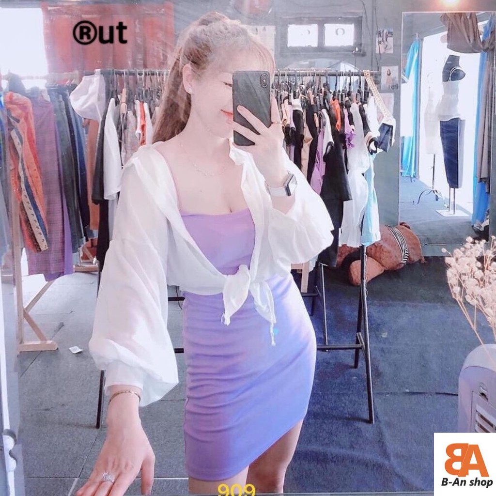 Set đầm body + áo khoác voan ( hàng y đẹp y hình)