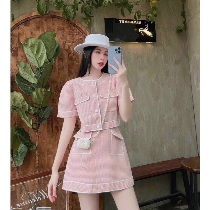 set áo croptop xốp hồng viền trắng túi nắp + chân váy chữ A (ảnh thật)