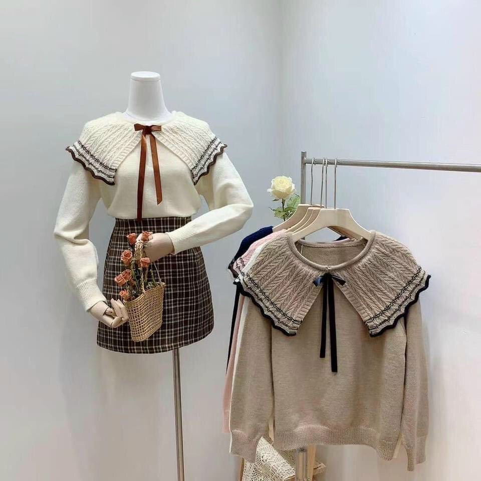 Áo Len Kiểu Hàn Quốc. Áo Len Nữ Cổ Cánh Sen Thắt Nơ Chất Mềm Mịn Đẹp Xin Freesize Dưới 55kg | BigBuy360 - bigbuy360.vn