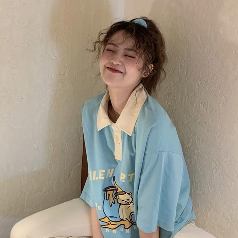 Áo polo Tay Ngắn Dáng Rộng Phong Cách Hàn Quốc Thời Trang Cho Nữ