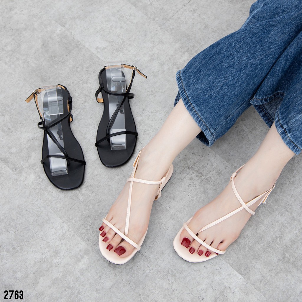 Giày Sandal Nữ MWC Đế Bệt Quai Mảnh Xỏ Ngón Nữ Tính Màu Kem Đen NUSD- 2763
