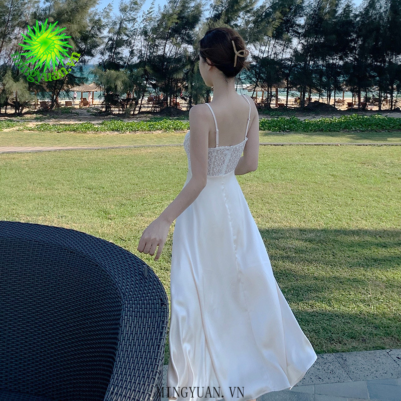 ( Mingyuan ) New retro amber lace stitching strap dress