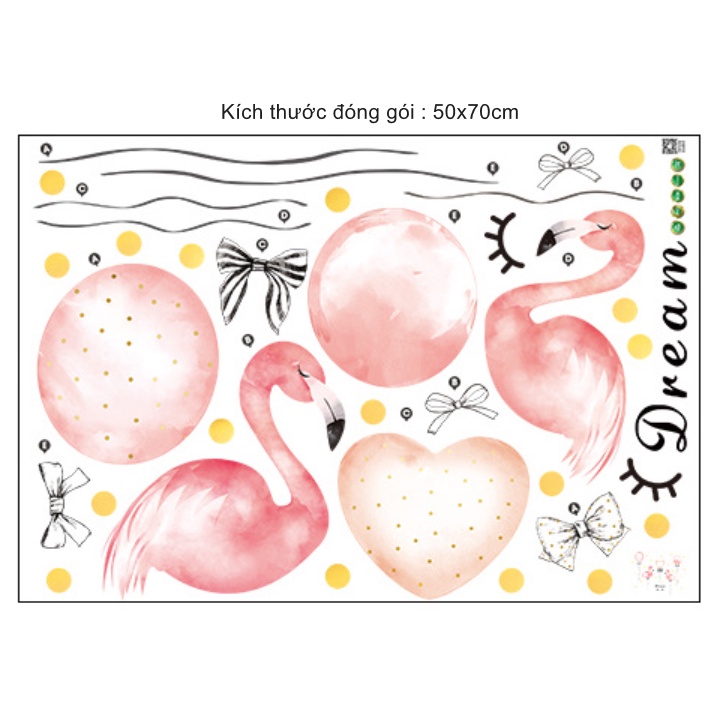 Decal trang trí tường - Bong bóng kèm 2 chú hồng hạc