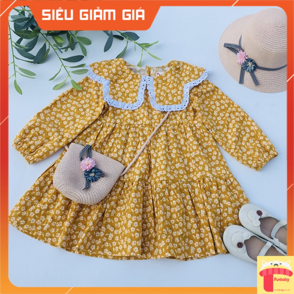 Váy thu đông cho bé gái 2-10 tuổi cổ xòe viền ren, Đầm suông trẻ em vải cà bông dày dặn mềm mại kiểu dáng điệu đà