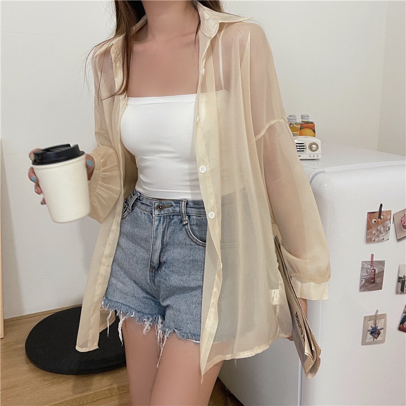 Áo Sơ Mi Voan Mỏng Xuyên Thấu Thời Trang Hàn Quốc Dành Cho Nữ áo croptop
