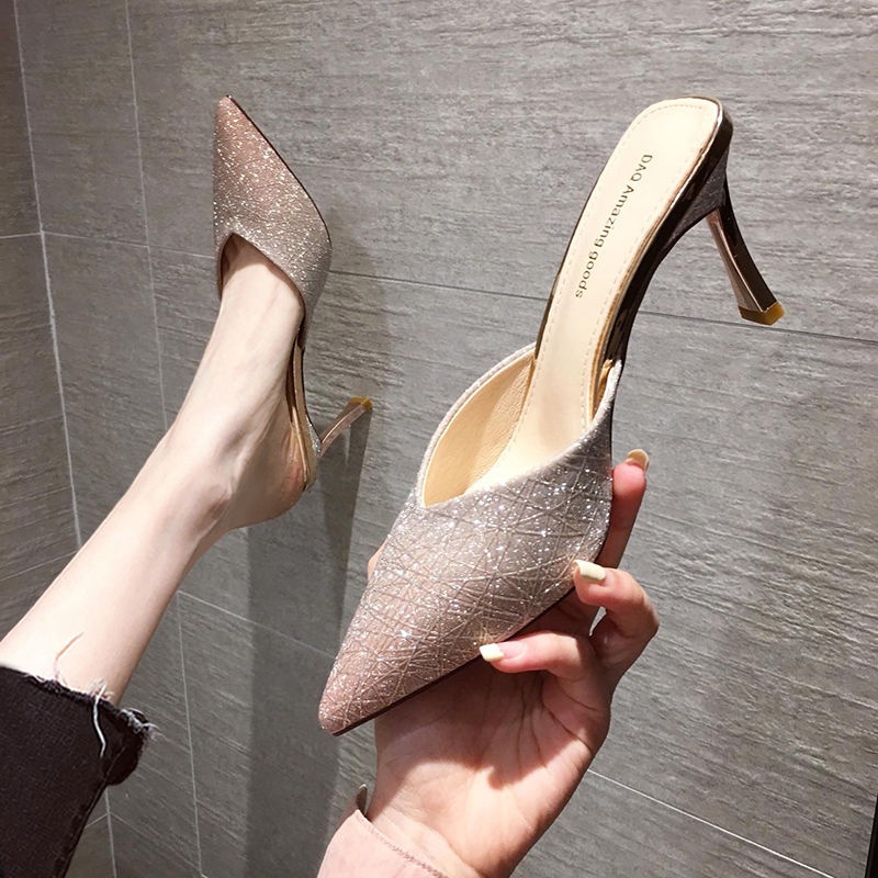 2021Summer New All-match Net Red Half Slippers Baotou Sandals High Heel Slippers Women Wear Fashion Stilettos Pointed Toe
