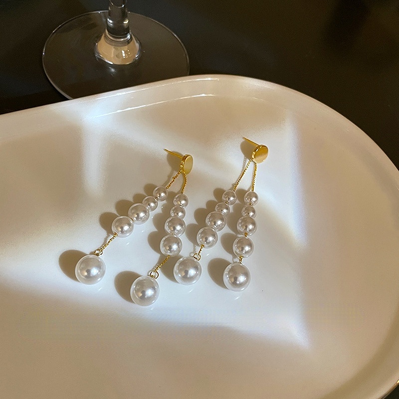 Bông Tai Mạ Bạc 925 Đính Ngọc Trai Tua Rua Phong Cách Hàn Quốc