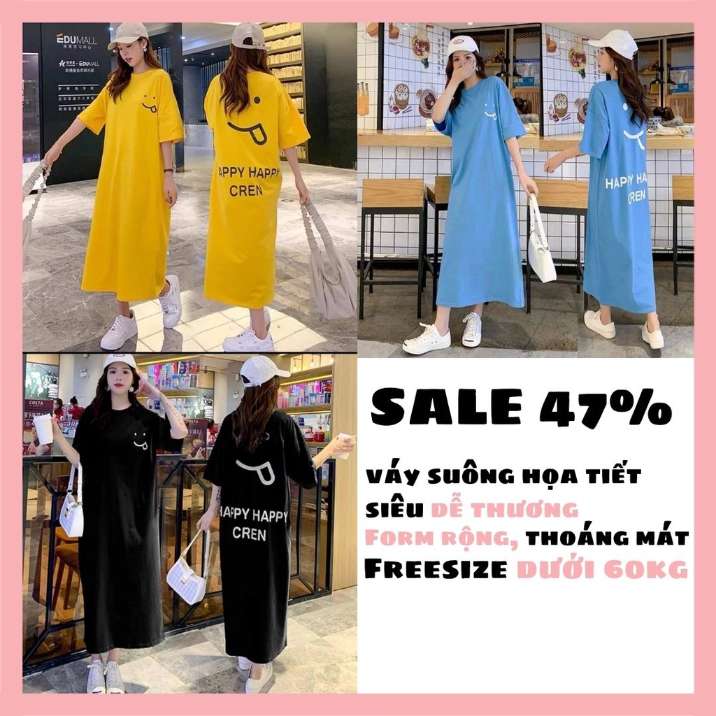 Đầm suông cổ tròn họa tiết mặt cười Váy thun tay lỡ happy