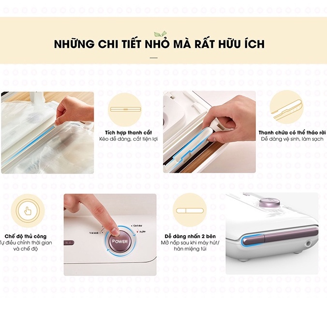 Máy hút chân không mini cầm tay Bear FKJ-A01F1 , 4 tính năng giúp bảo quản thực phẩm lâu, Tặng kèm túi hút