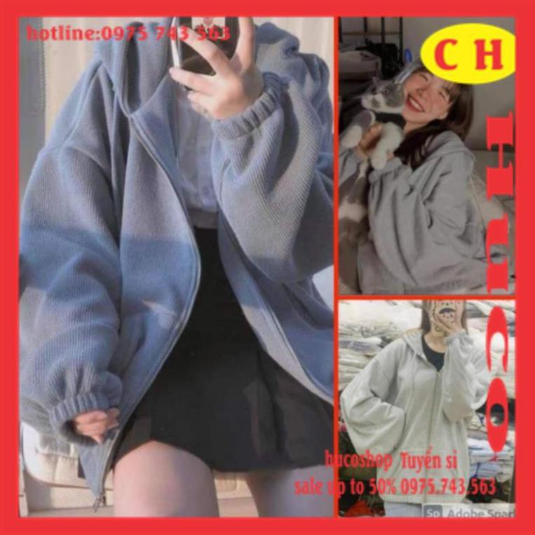 Áo Khoác Hoodie Nỉ Trơn Basic chun tay mũ lót 2 lớp - Áo tay bồng khóa kéo có mũ hàng thu đông Nam Nữ unisex freesize