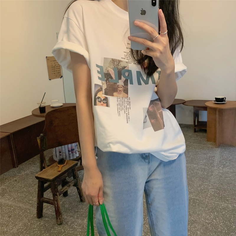 SUXI Áo thun tay ngắn cổ tròn dáng rộng phong cách cổ điển nữ tính