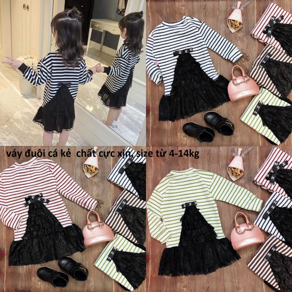 combo 3 váy nỉ dài tay đuôi cá nhũ kim sa cực kì sang chảnh cho bé gái 8-15kg, áo dáng váy