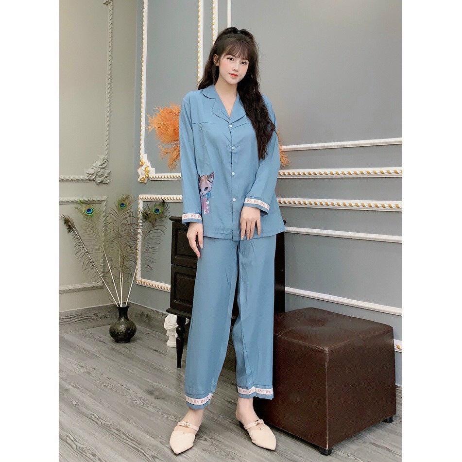 Bộ đồ bầu pyjamas cổ V sau sinh mặc nhà, đồ bầu dài tay có khóa kéo phần ngực cho bé ti BN309 - Tirahouse