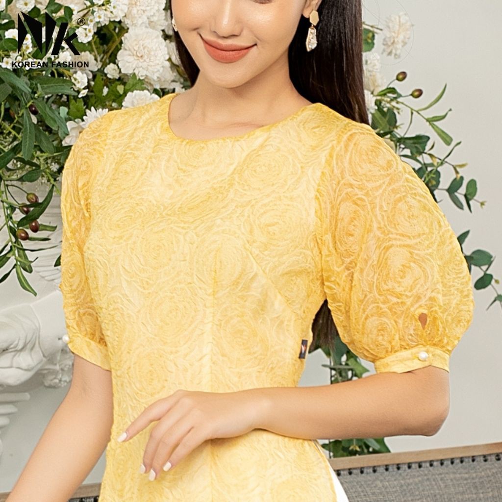 Áo Dài Nữ NK FASHION Cổ Tròn Cách Điệu, Tay Lỡ Bồng Phối Ren, Chất Liệu Mềm Mịn, Cao Cấp NKBD2010006