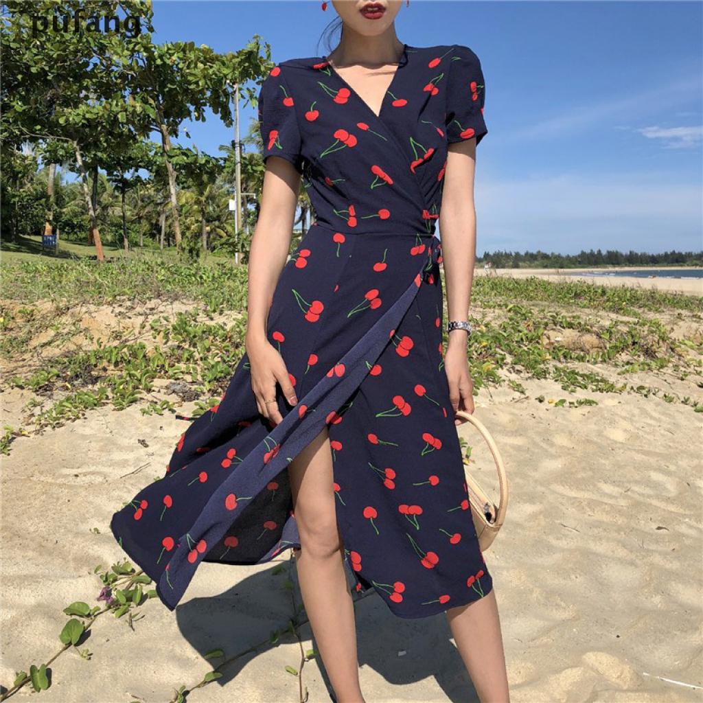 Đầm Maxi Ngắn Tay In Hình Trái Cherry Thời Trang