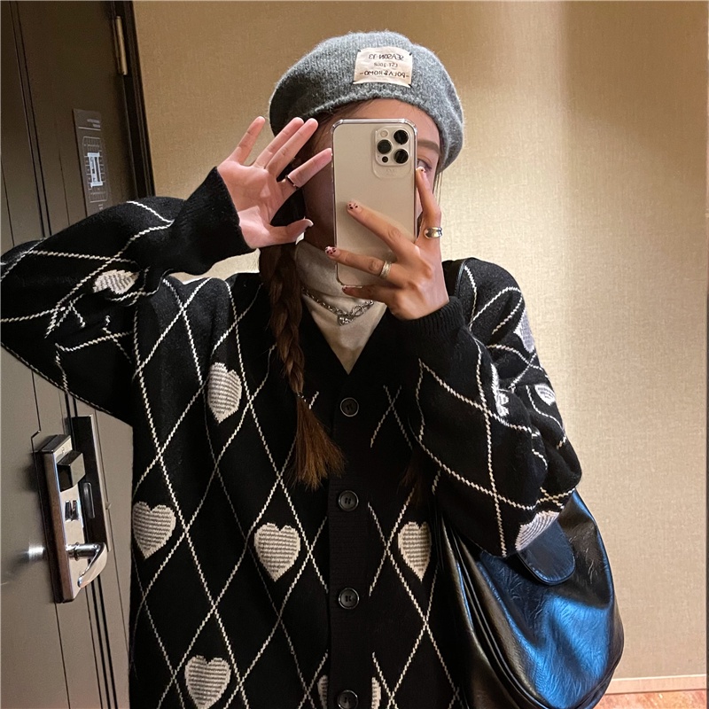 SUXI Áo khoác cardigan kim tay dài cổ chữ v kẻ sọc ca rô thời trang cho nữ