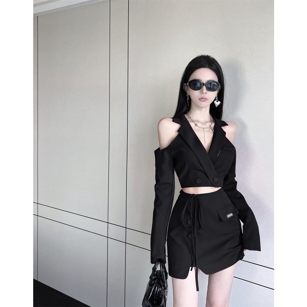 Set Áo Váy + Áo Khoác Cardigan Trễ Vai Tay Dài Thời Trang Cho Nữ
