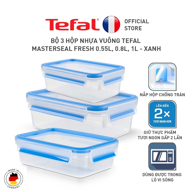 Bộ 3 hộp nhựa vuông Tefal Masterseal Fresh 0.55L, 0.8L, 1L - xanh