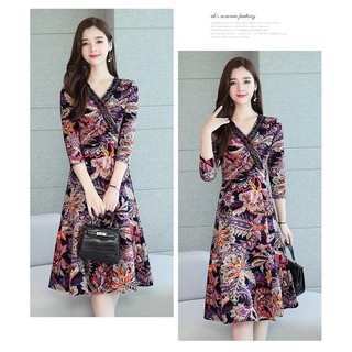 ➡️hn7442 đầm xòe cổ đắp chéo họa tiết cách điệu sang trọng - hàng nhập khẩu