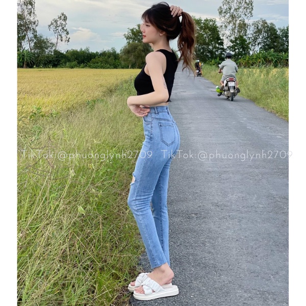 Quần jean cạp cao rách basic , quần skinny jean dài nữ lưng cao PLQ74