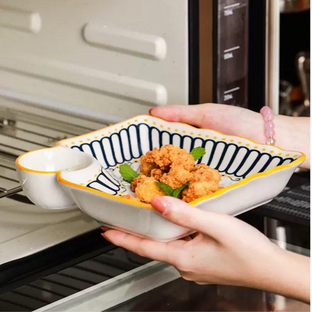 Đĩa Vuông Có Ngăn Chấm Bắc Âu Scandinavia, Đĩa Đựng Thức Ăn Có Ngăn Chấm Sứ Decor