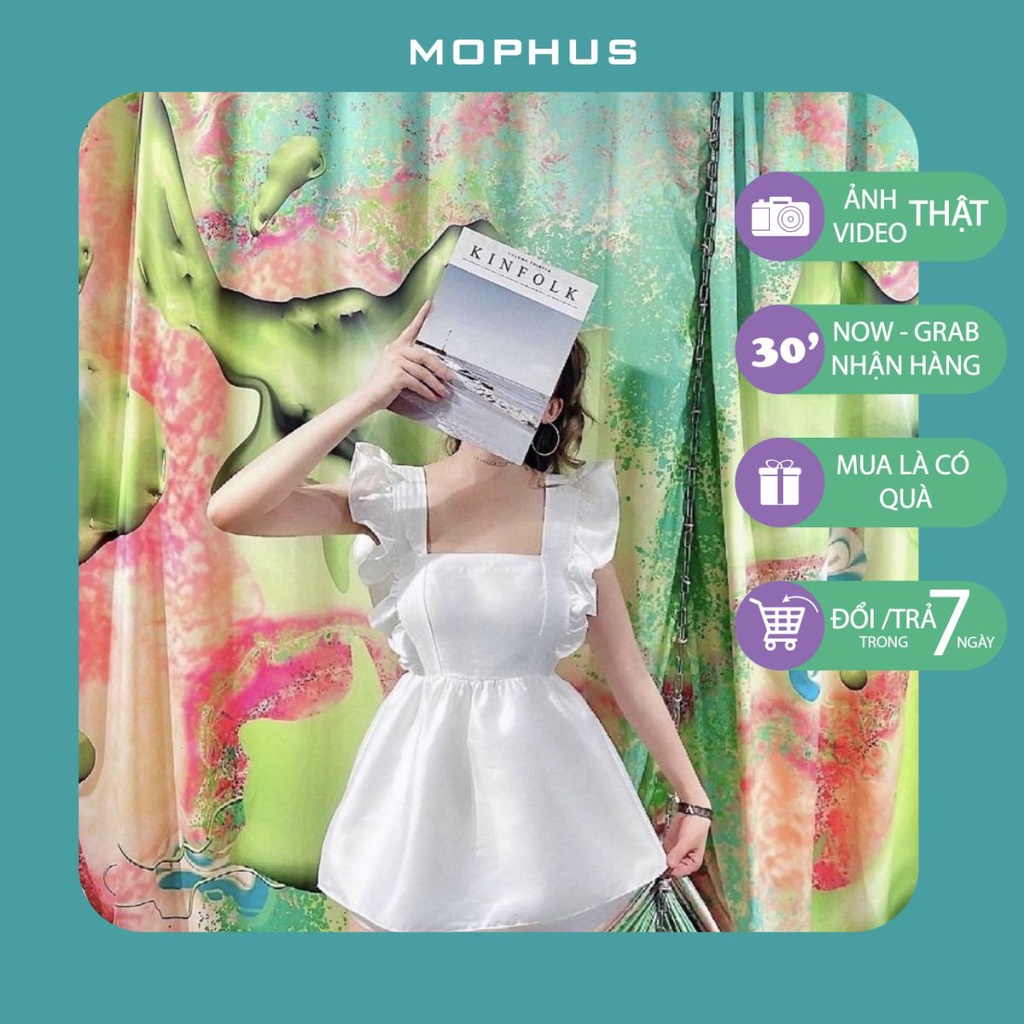 Áo babydoll cổ vuông vai bèo trắng thắt nơ lưng, áo kiểu nữ babydoll bánh bèo đen trắng Mophus MA013 | BigBuy360 - bigbuy360.vn