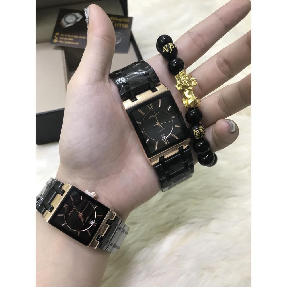 Đồng hồ nam nữ HALEI cặp đôi vuông dây kim loại dây đen mặt đen chống xước chống bay màu chống nước tuyệt đối