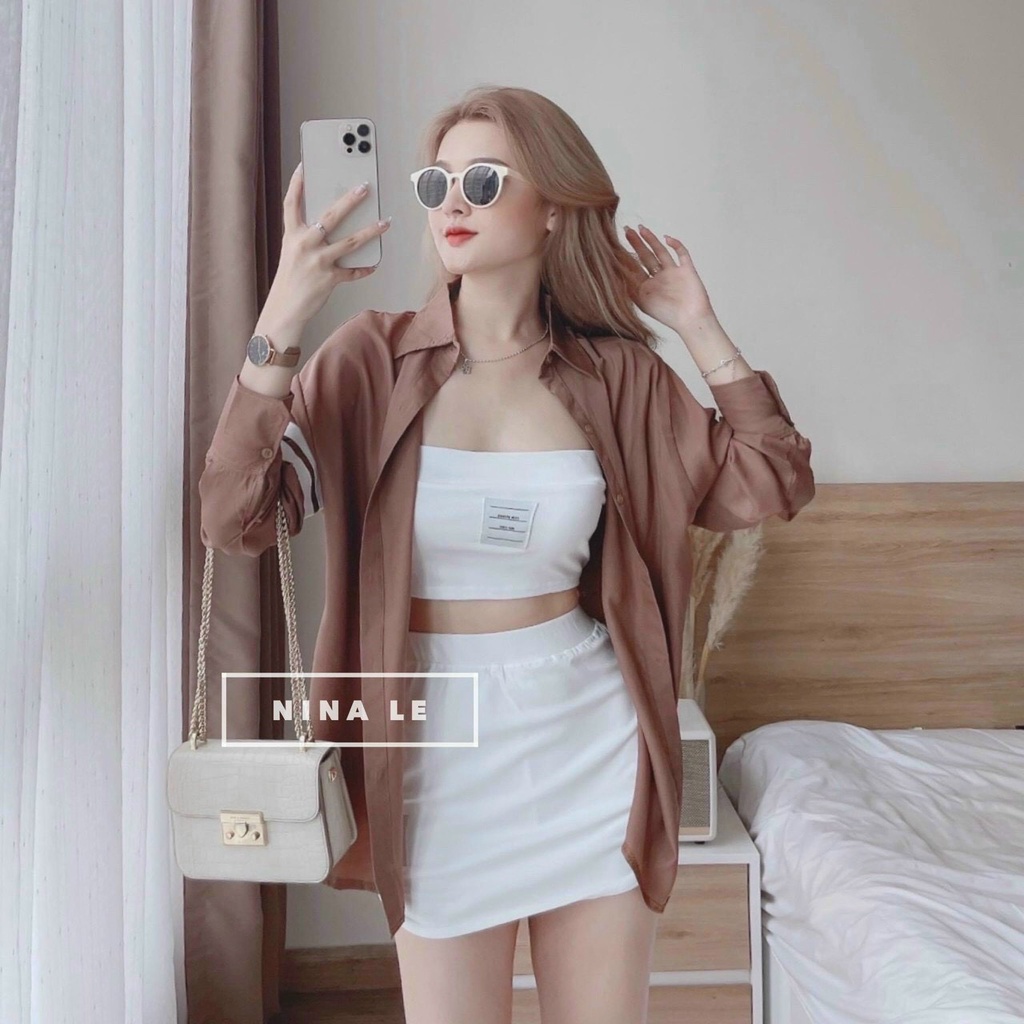 [8.8 Sales Freeship] Set bộ nữ 3 món, set váy thun áo ống ôm body kèm áo sơ mi dài from rộng phối tay 3 sọc