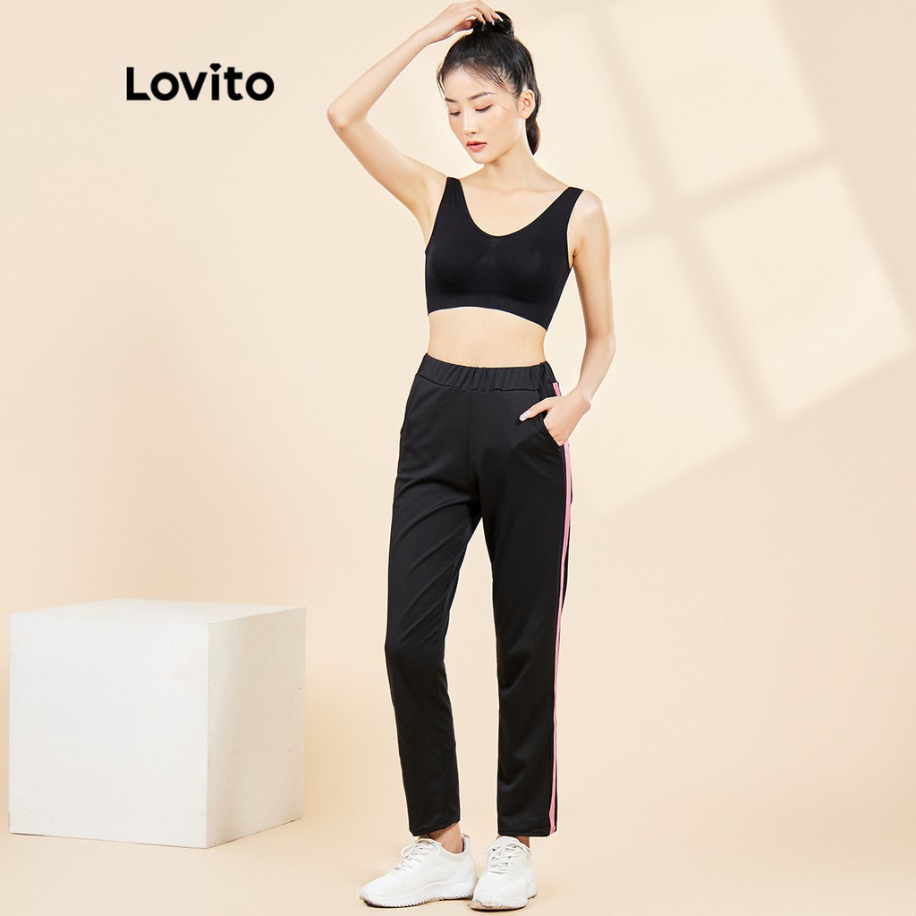 Áo ngực thể thao Lovito mặt trước dây chun không đường may màu trơn L15X171 (Màu đen)