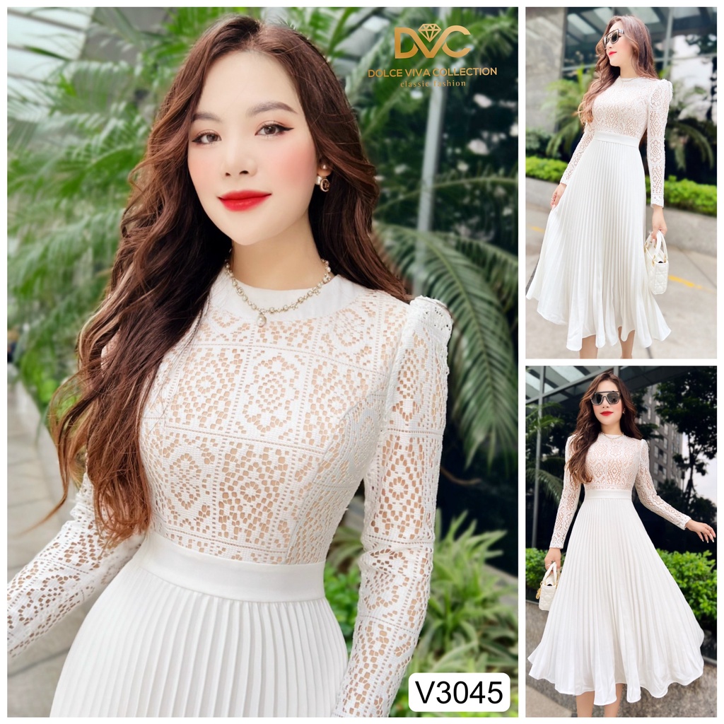 VÁY TRẮNG DÀI TAY PHỐI REN CHÂN VÁY XẾP LY V3045-DVC
