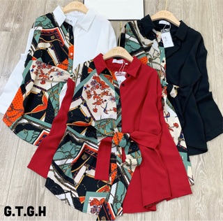 Áo sơ mi lụa pha hoạ tiết